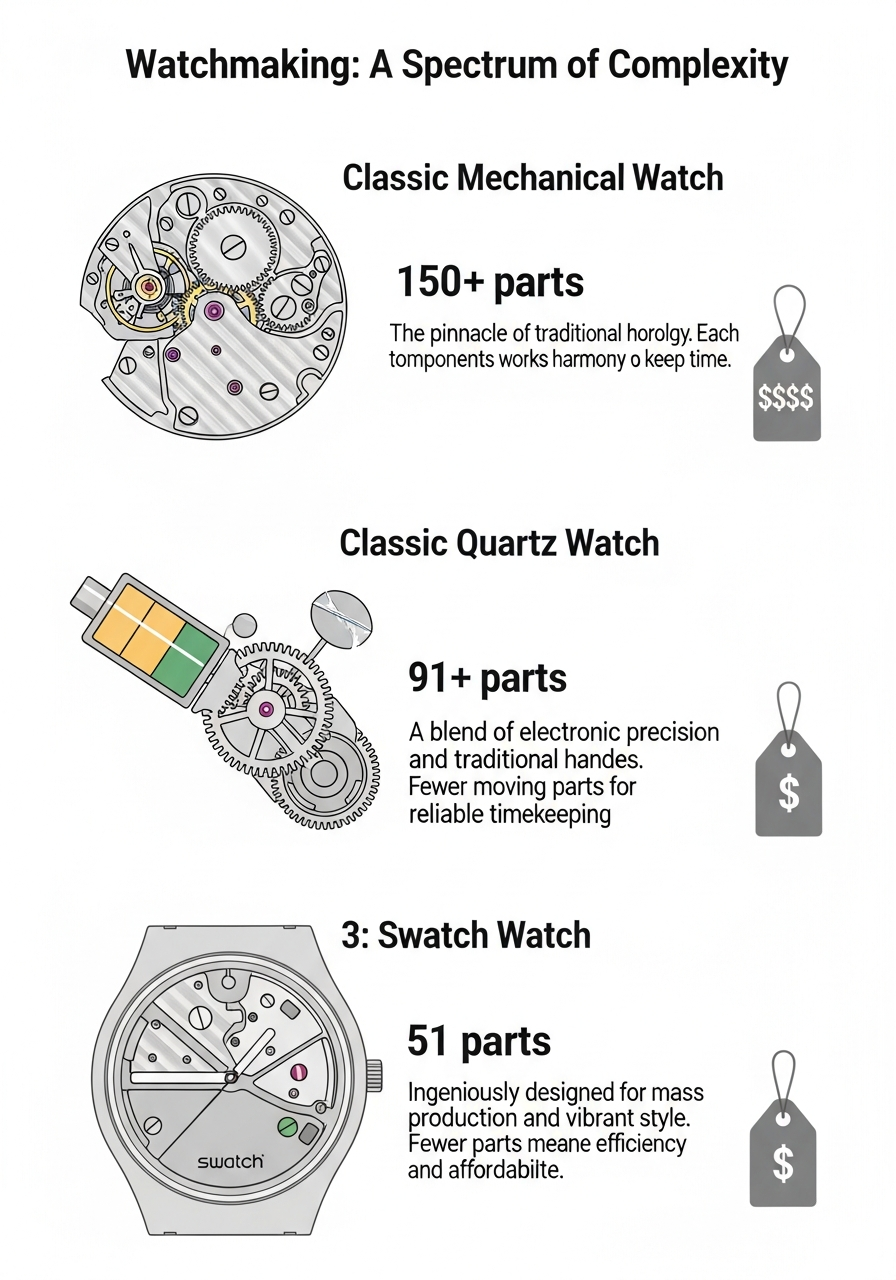 A vertical infographic showing a classic mechanical watch with 