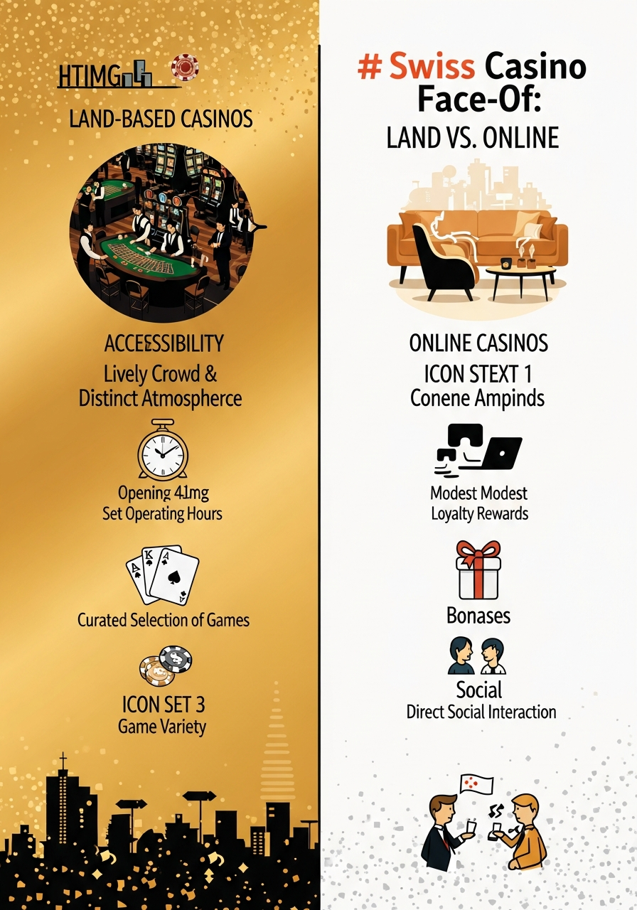 A vertical infographic with a split design. Left side (gold/black) for land-based casinos, right side (white/gold) for online. Icons compare Ambiance (crowd vs sofa), Accessibility (clock vs 24/7), Game Variety (3 cards vs infinite scroll), Bonuses (small gift vs large gift box), and Social (people talking vs single person). A Swiss flag icon at the bottom indicates 