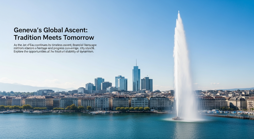 Vue aérienne du Jet d'Eau de Genève et des bâtiments du quartier financier.